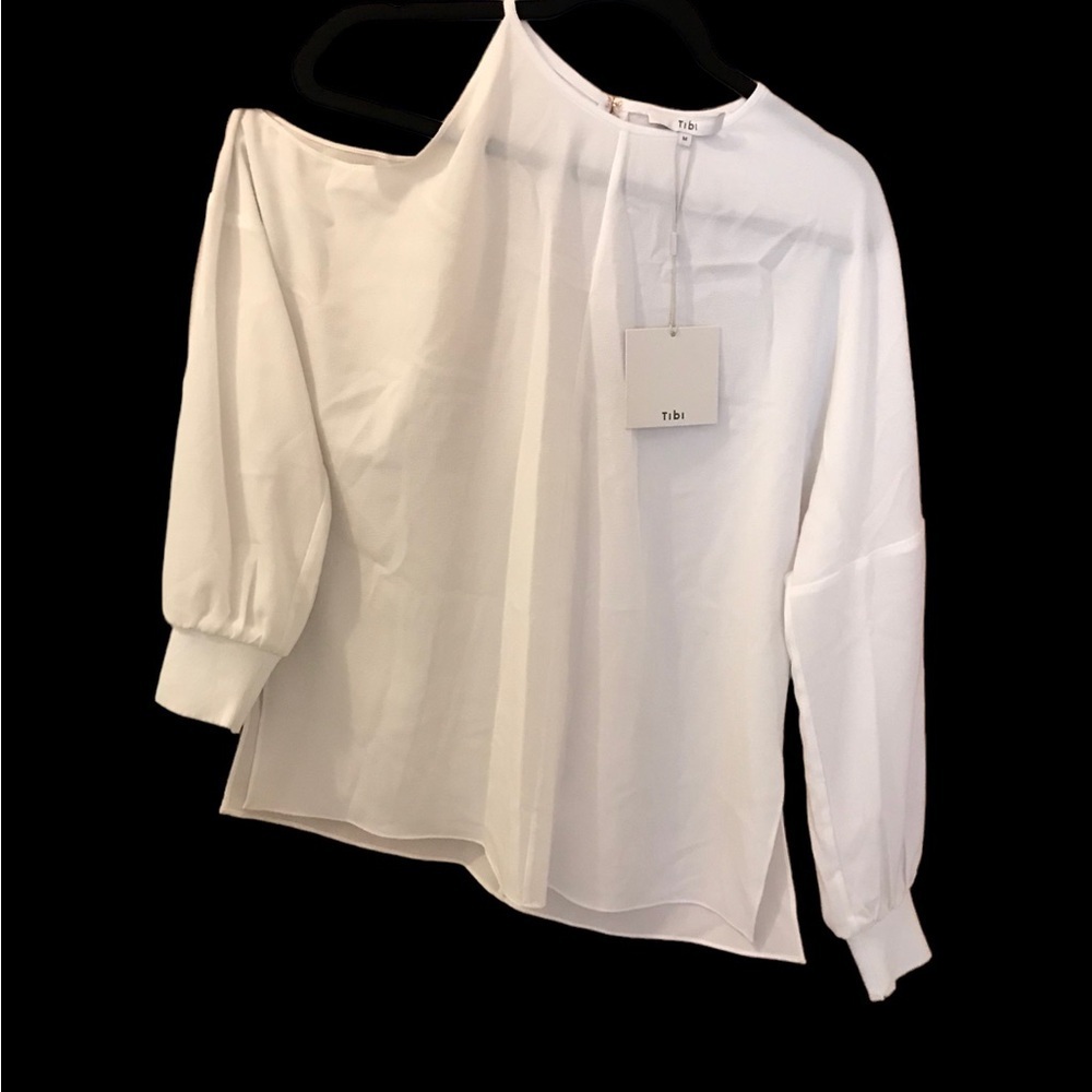 TIBI White Crepe Top, One Shoulder Open, Long-sleeved, Size M, Back Zipp…